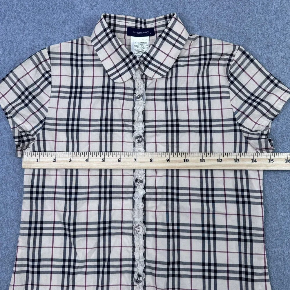 Burberry Nova Check Printed Cotton Trim Detail SS Button Up Girls Sz 10 Academia